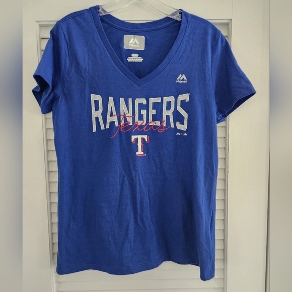 Majestic Texas Rangers V-Neck Short Sleeve Shirt Glitter NWT Baseball MLB Cotton